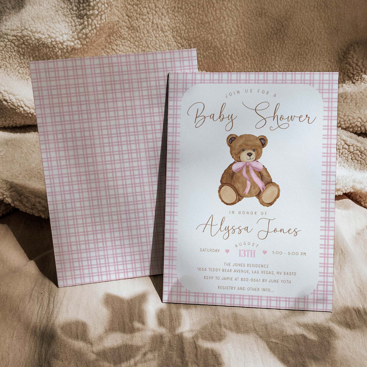 Pink Gingham & Teddy Bear Baby Shower Invitation