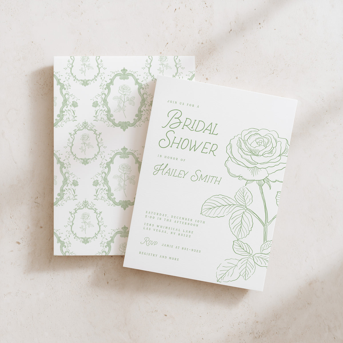 Printed Sage Green Rose Bridal Shower Invitations