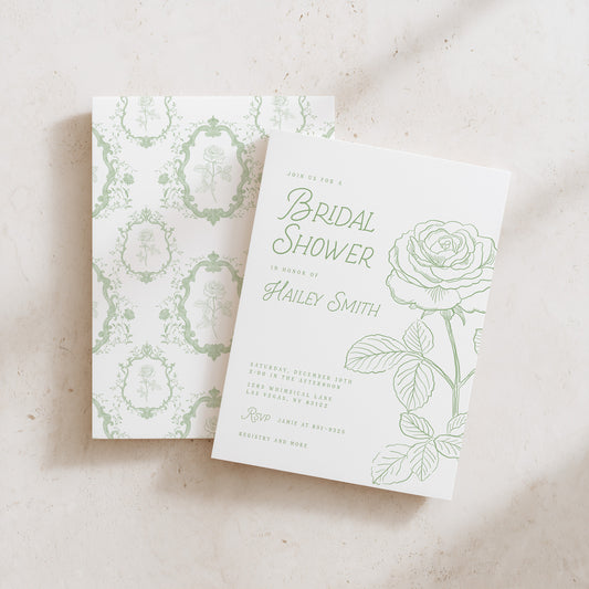 Printed Sage Green Rose Bridal Shower Invitations
