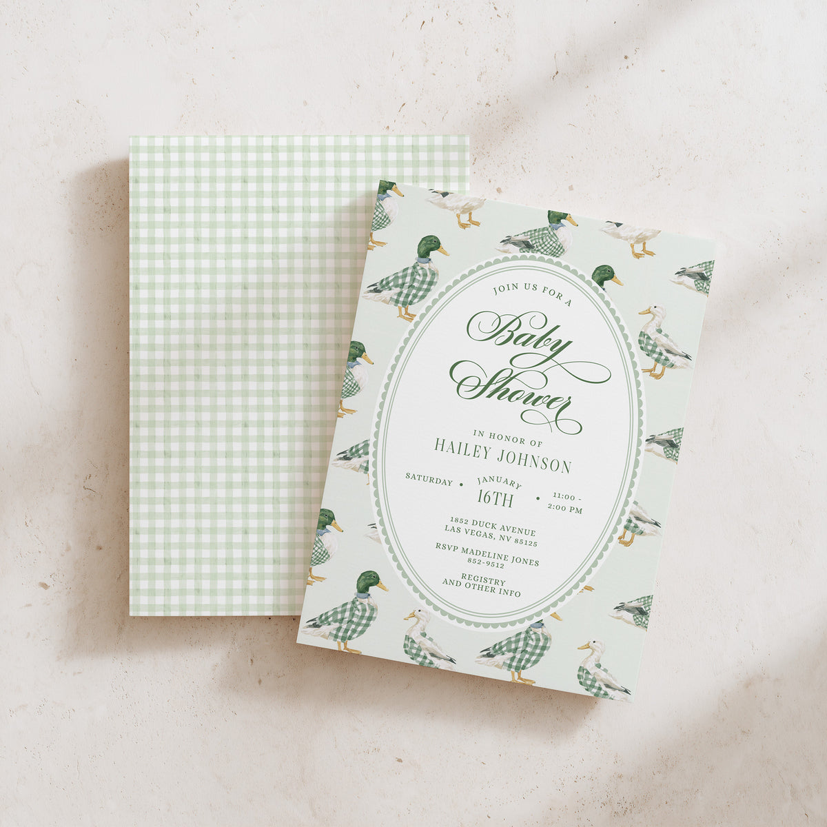 Mallard Duck Baby Shower Invitation with Green Gingham