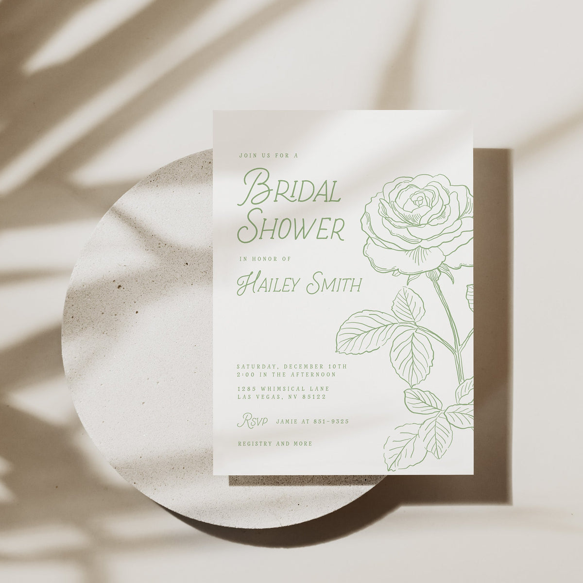 Printed Sage Green Rose Bridal Shower Invitations