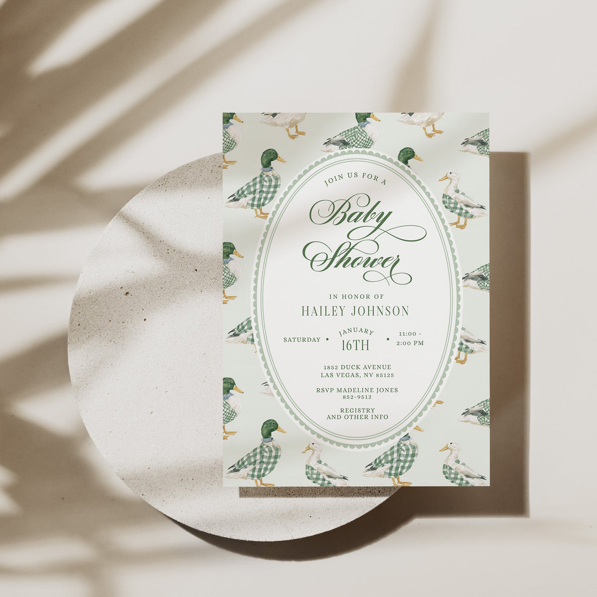 Mallard Duck Baby Shower Invitation with Green Gingham