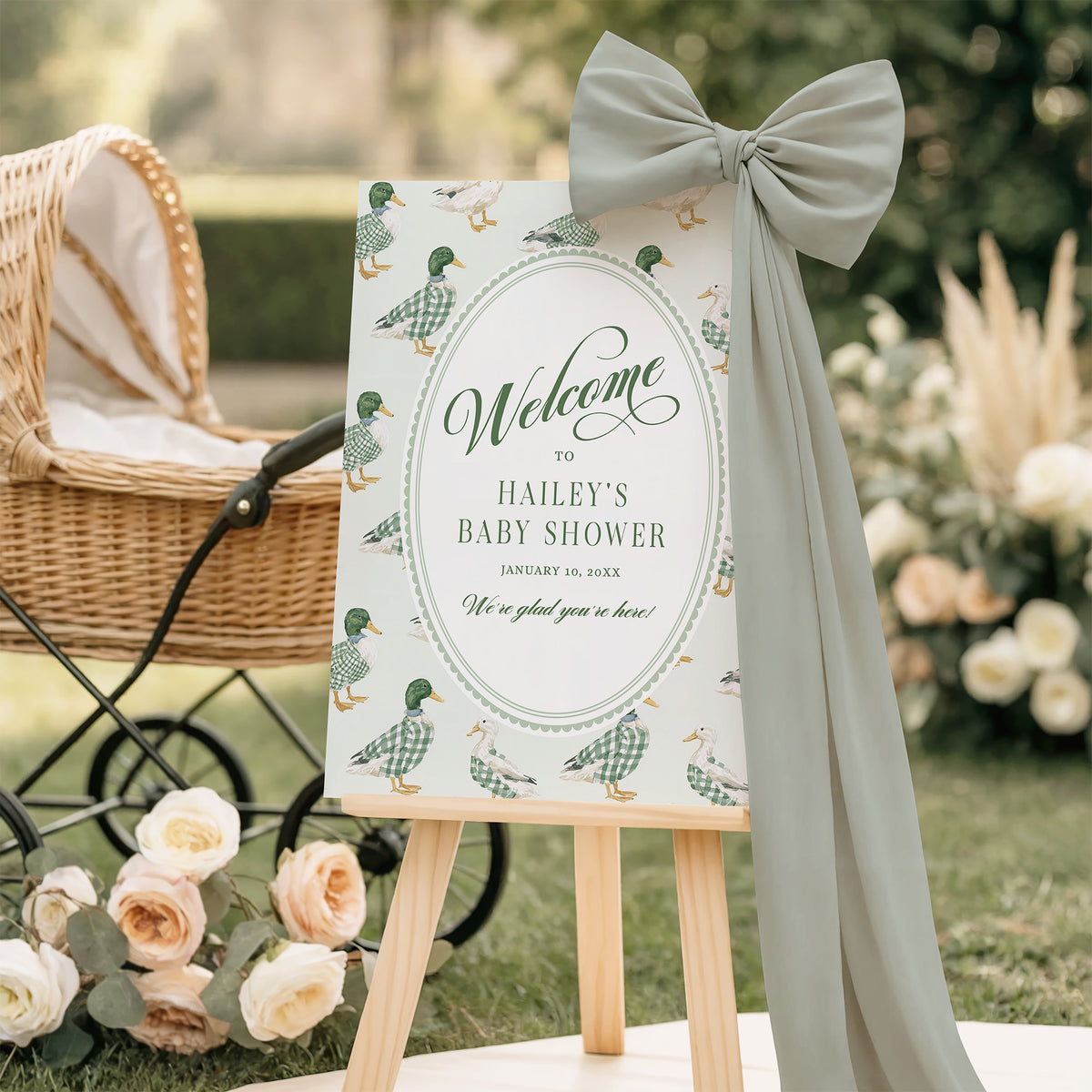 Personalized Mallard Duck Baby Shower Welcome Sign with Gingham