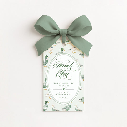 Mallard Duck Baby Shower Favor Tags, Green Gingham