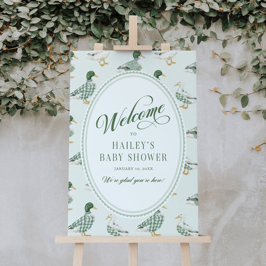 Personalized Mallard Duck Baby Shower Welcome Sign with Gingham